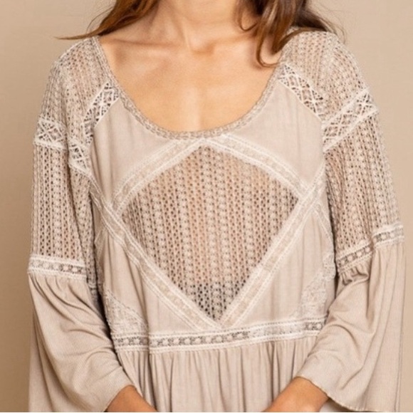 POL Lace Crochet Knit Flare Sleeve Ruffle Hem Mini Dress - Picture 3 of 6